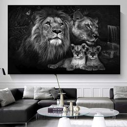 African Wild Baby Lion Family Paintings Poster Black And White Animal Canvas Painting On The Wall Art Prints Modular Picture for Living Room Decor Arts Frameless