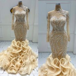 Exquisite Mermaid Wedding Dresses Champagne Lace Luxurious Tiered Ruffles Train Bridal Gowns Dress Arabic Aso Ebi