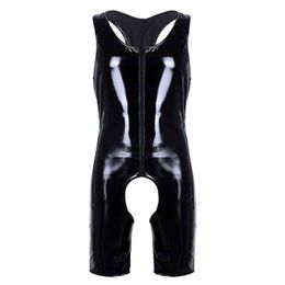 Mens Gay Male Latex Catsuit Gay Leather Sexy Bodysuit Wetlook with Zipper Crotchless Sissy Cut Out Teddies Clubwear Costumes H220425