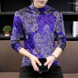 T-shirts masculins Luxury Tirtleneck Velor Mens Shirt Slim Fit Royal Blue Velvet Bott Temps Beau Tops d'hiver Chine Vêtements inhabituels