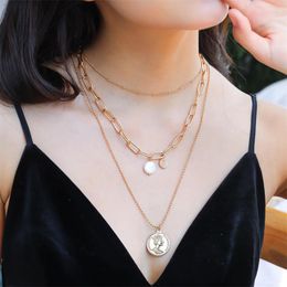 Pendant Necklaces 2022 Retro Necklace Women's Gold-Tone Elizabeth Coin Baroque Pearl Layered Clavicle Chain