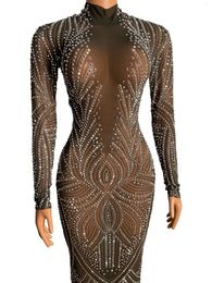 Stage Wear Evening Birthday Celebrate Sparkly Silver Rhinestones Transparent Dress See Through Dancer Prom Nightclub Party Outfit