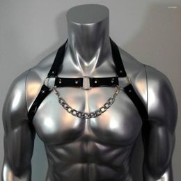 Belts Trendy Mens Faux Leather Body Chest Muscle Harness Belt With Metal Chain Bondage Shoulder Straps Stage Costume Cosplay Clubwear