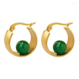 Hoop Earrings French High-end Green Natural Beads U Shaped Titanium Steel 18k Gold Plated For Women Girls Jewellery Gift