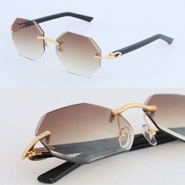 Son moda rimless tahta güneş gözlükleri kadın güneş gözlüğü tasarımı büyük kare güneş gözlükleri sürüş metal çerçeve gözlükler altın kahverengi lens gri elmas kesim lens boyutu 55