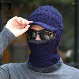 Berets Men Winter Hat Scarf Set Women Warm Knitted Plush Hooded With Brim Male Visor Beanies Adult Solid Cap Ring Scarves