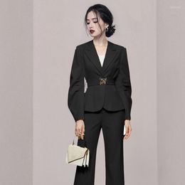 Women's Two Piece Pants Women's Trouser Suit Black OL Ladies Set Notched Formal Business Office Unifrom Flare Work Wear Suits Female