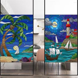 Window Stickers Windows Film Privacy Decorative Colourful Painting Sea Stained Glass No Glue Static Cling Frosted