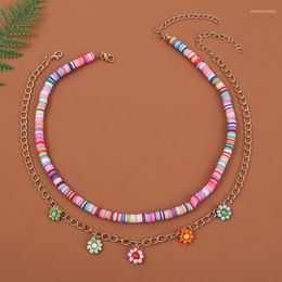 Choker 2 Pcs/Set Boho Female Multicolor Polymer Clay Necklaces For Women Gold Color Metal Chain Handmade Beaded Flower Pendant Necklace