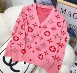 Women's Sweaters V-Neck PINK Printed Ladies Sweaters Button Up Casual Cardigan Tops Fashion Oversized Jumper Clothes