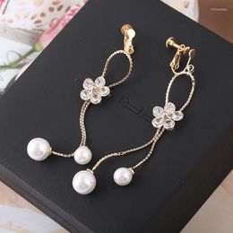 Backs Earrings Top Quality CZ Double Tassel Simulated Pearl Flower Shape Clip On Without Piercing For Women Party Fashion Bijouterie