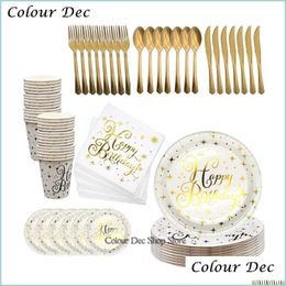 Disposable Dinnerware Disposable Dinnerware Happy Birthday Thicken Gold Foil Paper Towel Napkin Cup Plate Spoon Fork Party Wedding D Dhu1G