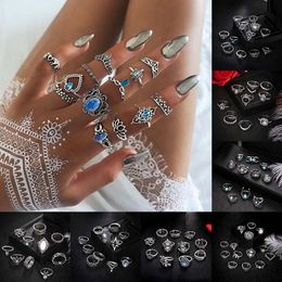 Bohemia Crown Lotu Leaf Star Elephant Moon Charm Cluster Rings Stacking Midi Knuckle Ring Set for Women Fashion Jewellery Gift Will and Sandy
