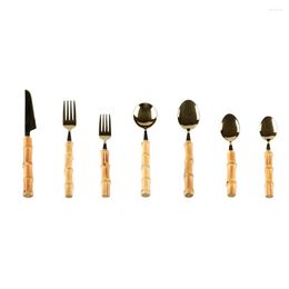 Dinnerware Sets Tableware Cutlery Gold Stainless Steel Natural Bamboo Root Wood Handle Dessert Fork Tea Spoon Dinner Knife Set