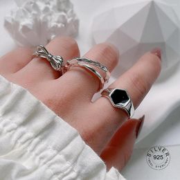 Cluster Rings 925 Sterling Silver For Fashion Women Geometic Trendy Double Layers Bow Shape Black Stone Fine Jelery Couple Gift