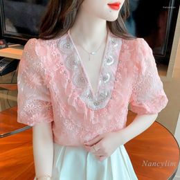 Women's Blouses Summer Puff Sleeve Chiffon Lace Shirt For Women 2022 Beads Elegant Embroidery Top Ladies Blusas Pink Purple