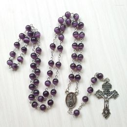 Pendant Necklaces Diyalo Purple Opal Natural Stone Beads Chain Prayer Chaplet Crucifix Cross Rosary Necklace Religious Church Jewellery Gift