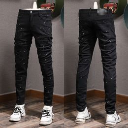 Painted Damage Jeans Man Distressed Patches Skinny Fit Black Vintage Biker Fit Denim