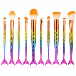 Makeup Brushes Mermaid Brush 10Pcs Rainbow Makeup Brushes Set Cream Face Power Kits Mtipurpose Beauty Cosmetic 10 Sets Drop Delivery Dhhqn