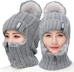 Winter Knitted Wool Ski Hat Full Face Mask Scarf Women Men Outdoor Cycling Warm Thick Balaclava Neck Warmer Hats Pompom Caps