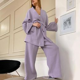 Women's Sleepwear Cotton Women Pama Robe Sets Flare Sleeve Nightgown Set Woman 2 Pieces Robes Lace Up Casual Trouser Suits