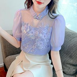 Women's Blouses 2022 Summer Elegant Blusas Femme Machine Embroidery Beaded Hollow-out Buckle Design Satin Short-Sleeved Top Women