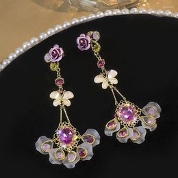 Stud Earrings Silver Needle Crystal Drops Petal Purple Flower Pendant Female Jewellery Gifts Long Small