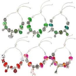 7pwy Charm Bracelets Silver Colour Adjustable Jewellery for Women Green Enamel Clover Charms Bracelet Men Heart Lock Key Pony Beads Eiffel Tower