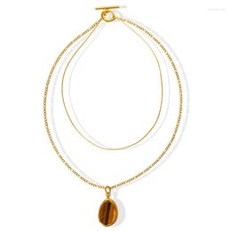 Pendant Necklaces DAVINI Fashion Natural Tiger Eye Double Layer Necklace Light Luxury Titanium Steel Gold Plated Sweater Chain