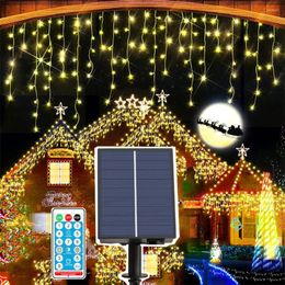 Strings 6M 264LED Solar Powered Christmas Icicle Lights Outdoor Waterproof Fairy Curtain Light With Remote For Garden Patio Decor