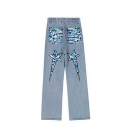 Men's Jeans High Street Casual Light Blue Jeans Men Cartoon Letter Embroidery Multi-pocket Denim Trousers Retro Loose Straight Pants Men T221102