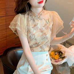 Women's T Shirts Machine Embroidery Beaded Hollow-out Retro Cheongsam Lace Shirt For Women 2022 Summer Ruffled Short Sleeves Top