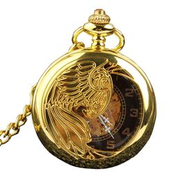 Retro Luxury Gold Silver Semi-hollow Phoenix Wing Carving Case Skeleton Hand Wind Mechanical Pocket fob Watches Men Gift Bag297Y