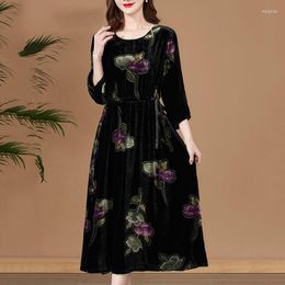 Casual Dresses Large Size Gold Velvet Dress Women's Autumn Winter High-End Print Flower Temperament Vestidos Robe Femme E838