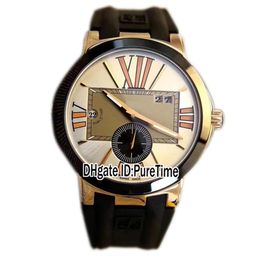 New Executive Dual Time 246-00-3 421 Rose Gold Silver Dial Date Automatic Mens Watch Blue Rubber Sports Watches Puretime Cheap 110247v