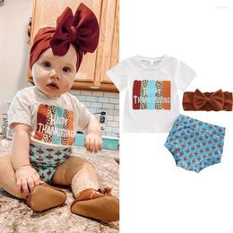 Clothing Sets Born Baby Girls Thanksgiving Day Clothes Leopard Letter Cotton T-shirt Turkey Print Shorts Headband 3pcs Casual Outfits