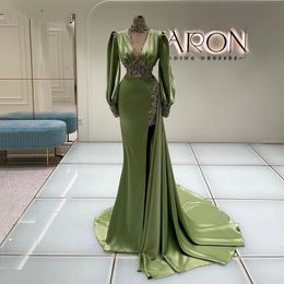 Style Prom Arabic Meramid Party Dresses 2023 Sage Green Satin Sexy V Neck Long Sleeves Side Slit Evening Ocn Gowns Vestidos De Festa estidos