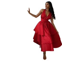 Red Short Prom Evening Dresses Halter Backless Pleated Tea Length Satin Party Gowns Women Arabic Dubai Robe De Soiree