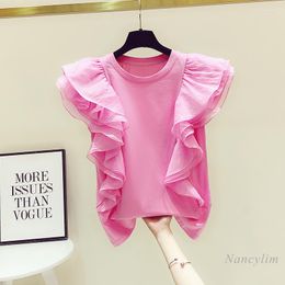 Women's T Shirts Mesh Ruffled Short Sleeve Loose T-shirt Woman 2022 Summer Clothing Design Female Tops Pink Black Nancylim