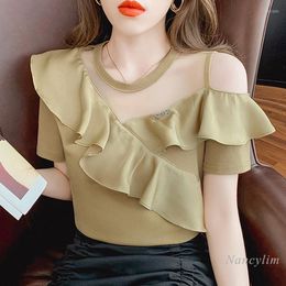 Women's T Shirts Sexy Match Patchwork Short Sleeve T-shirt Women's Summer Clothes Ruffled Off-Shoulder Top 2022