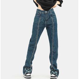 Jeans da uomo High Street Jeans casual da uomo con cerniera pantaloni in denim con cuciture scozzesi pantaloni larghi a gamba larga svasati retrò streetwear uomo primavera T221102
