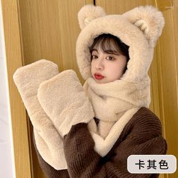 Berets Bear Hat Scarf Gloves Three-piece Set Winter Cycling Warm Ear Protection Plush Thickened Fur Hats Women