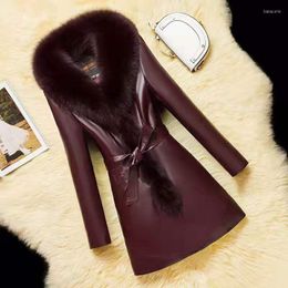 Women's Fur NicePop Winter Warm Big Collar Pu Leather Parka Women Down Cotton Jacket Medium Long Coat Female Slim Casual Outerwear R1967