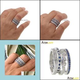 Cluster Rings Cluster Rings Wholesale Clear Blue Cubic Zirconia Paved Engagement Band 4Pcs Stack Stackable 925 Sterling Sier Eternit Dhho6