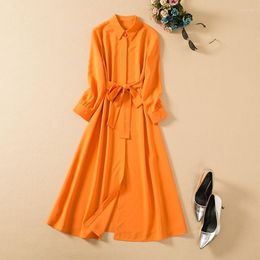 Casual Dresses High Quality Brand Long Shirt Dress 2022 Spring Summer Women Turn-down Collar Bow Belt Sleeve Mid-Calf Orange