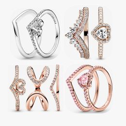 Sparkling Wishbone Heart Wedding Rings Set DIY fit Pandora engagement Jewellery Ring gift