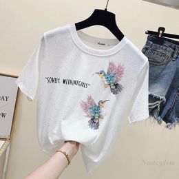 Women's T Shirts 2022 Summer Sequined Ice Silk Knitted Short Sleeve T-shirt Women's Loose All-Match Top Female Clothes Stretch Tees Pink