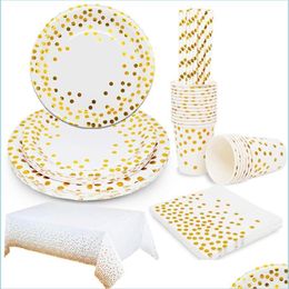 Disposable Dinnerware Disposable Dinnerware White Gold Party Supplies Tableware Golden Dot Dessert Plates Sets For Wedding Bridal Sh Dhrdz