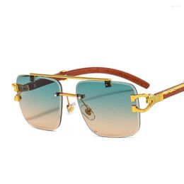 Sunglasses Wood Grain Rimless Square Women Designer Gold Lion Decoration Sun Glasses Men Shades UV400 Gafas