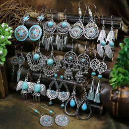Bohemian Vintage Tibetan Silver Drop Dangle Earrings For Women Ethnic Blue Stone Tassel Earrings Jewellery